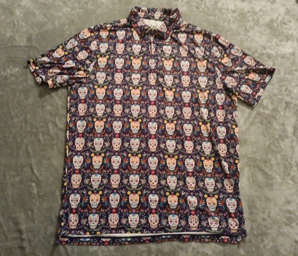 1764 Dia De Los Muertos Skulls Polo Shirt Mens Large All Over Print Performance